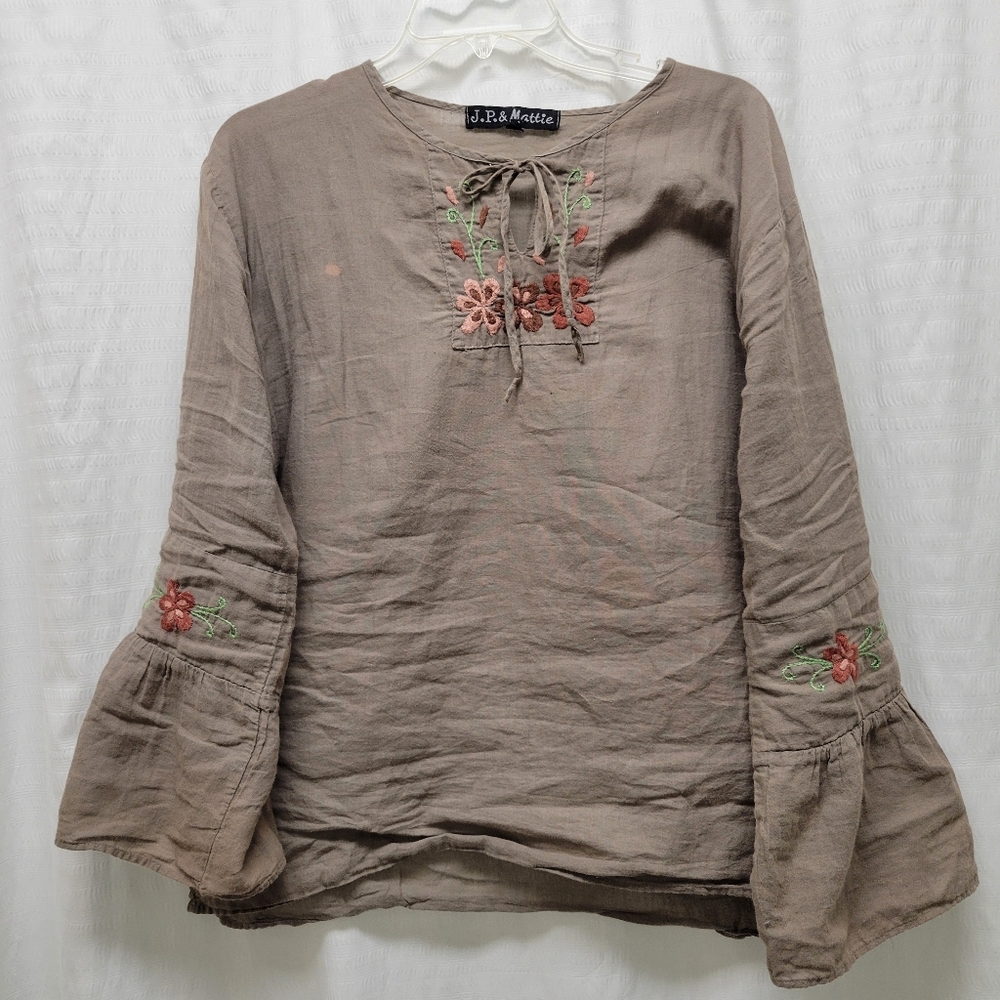 JP & Mattie Embroidered Bell Sleeve Top 100% Cotton Size MED